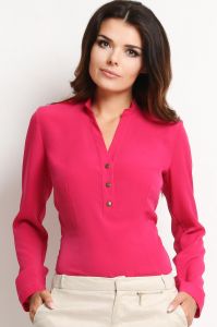 Różowa Elegancka Bluzka Koszulowa z Guzikami przy Dekolcie V