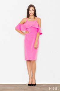 Różowa Elegancka Sukienka Midi z  Asymetrycznymi Falbankami