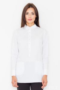 Biała Koszulowa Bluzka z Krótkim Zapieciem na Zatrzaski