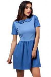 Niebieska Retro Sukienka z Okrągłym Kołnierzykiem
