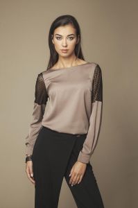 Brązowa Stylowa Bluzka z Koronką na Rękawach