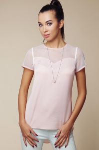 Różowa Elegancka Bluzka z Prześwitującą Modnie Górą