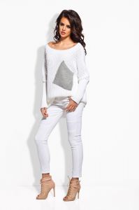 Biały Oversizowy Sweter z Szarą Kieszenią