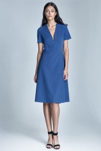 Niebieska Rozkloszowana Sukienka z Głębokim Dekoltem V